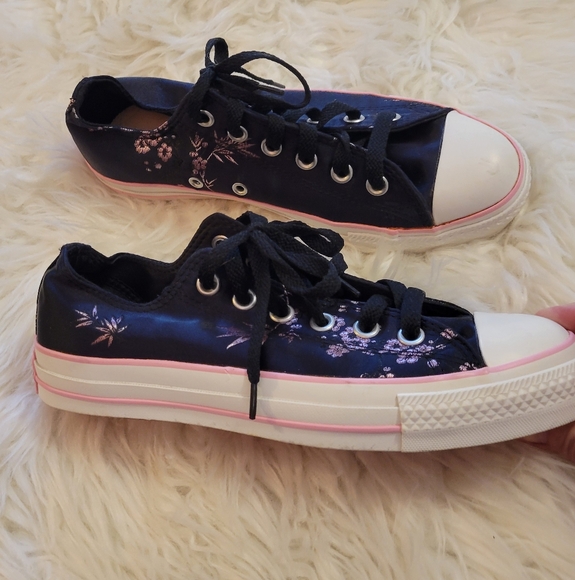 Converse All Stars Pink Floral & Black Satin Sneakers - Picture 4 of 7